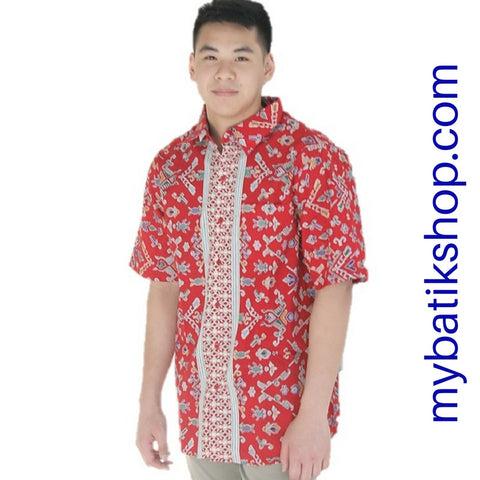 Batik for Young Men Cotton Red Short Sleeves