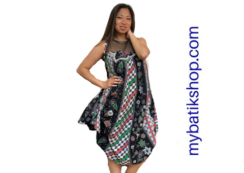 Batik Cap Sleeveless Dress with Sheer Lace Top Black and Multi Checkers